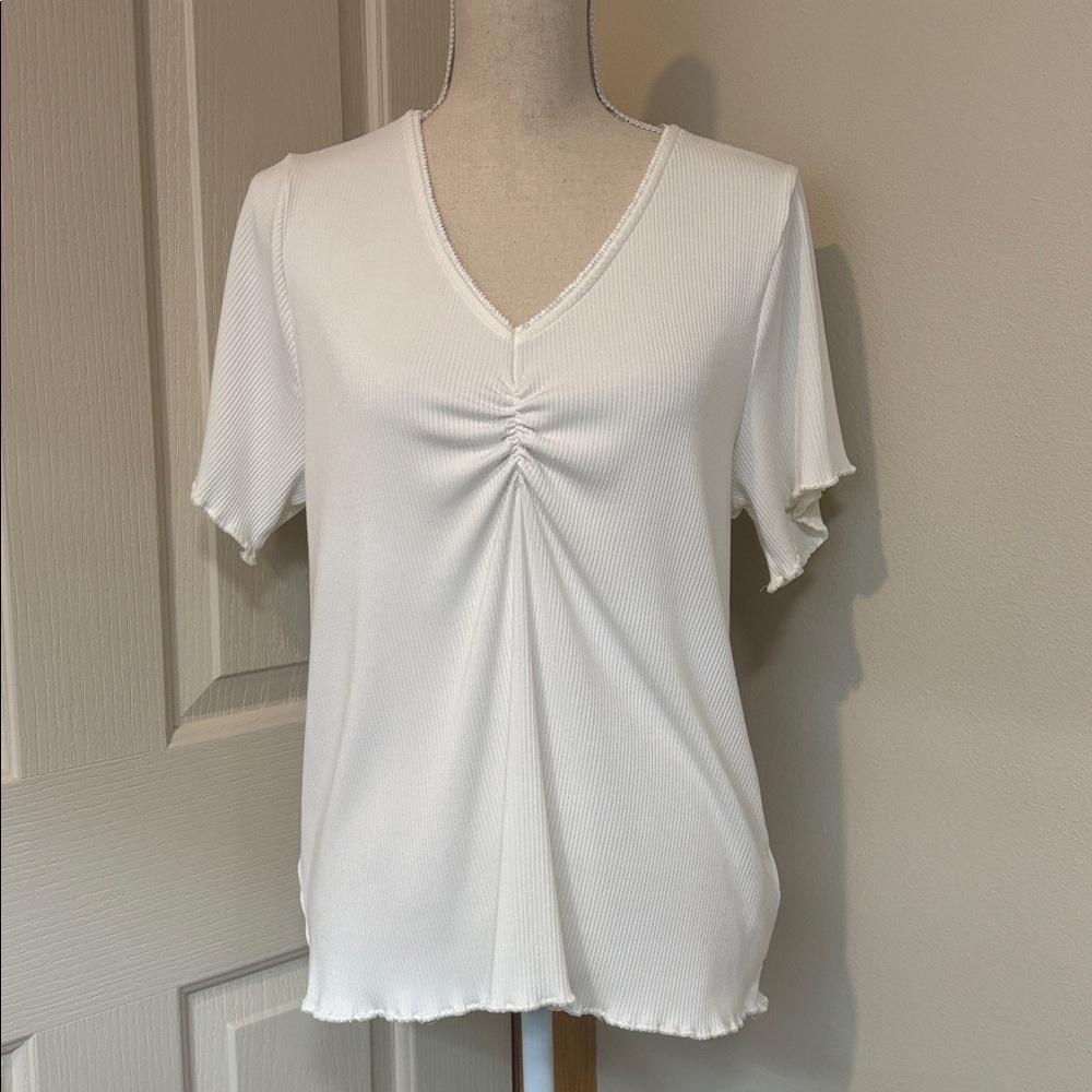 Magaschoni White V-Neck Short Sleeve Ruched Top